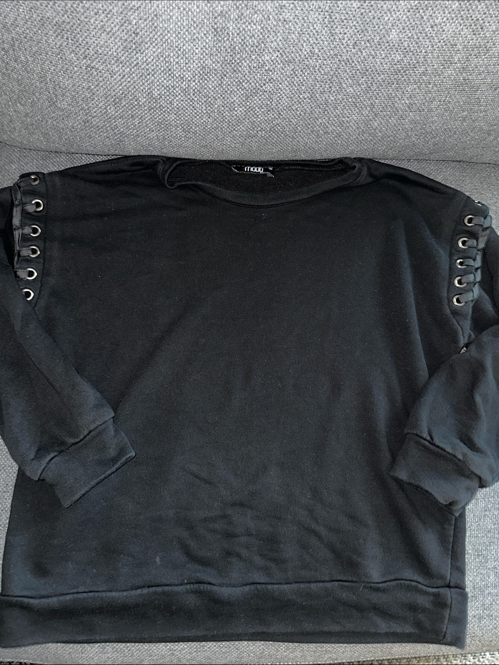 Black Crewneck Sweater with Eyelet Sleeve Detail